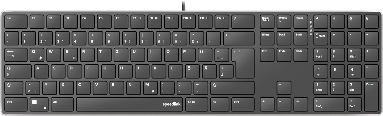 Speedlink Teclado Riva con Mecanismo de Tijera – Teclado para PC Conectado por Cable, Teclado USB silencioso con Teclas Planas, con 7 Teclas multifuncionales, distribución Alemana, Negro