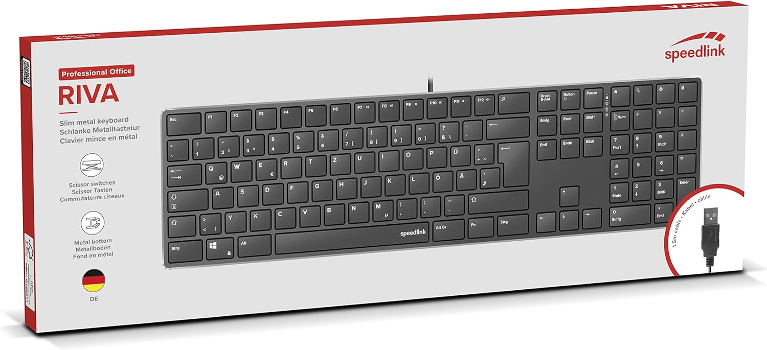 Speedlink Teclado Riva con Mecanismo de Tijera – Teclado para PC Conectado por Cable, Teclado USB silencioso con Teclas Planas, con 7 Teclas multifuncionales, distribución Alemana, Negro
