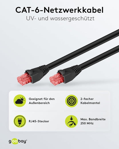 goobay 55437 Outdoor Patchkabel CAT 6 Kabel / 2fach PE Mantel Wasserdicht / RJ45 Stecker Ethernet Kabel Kupfer / Außenbereich Netzwerkkabel 50m / Schwarz / LAN Kabel 50m x