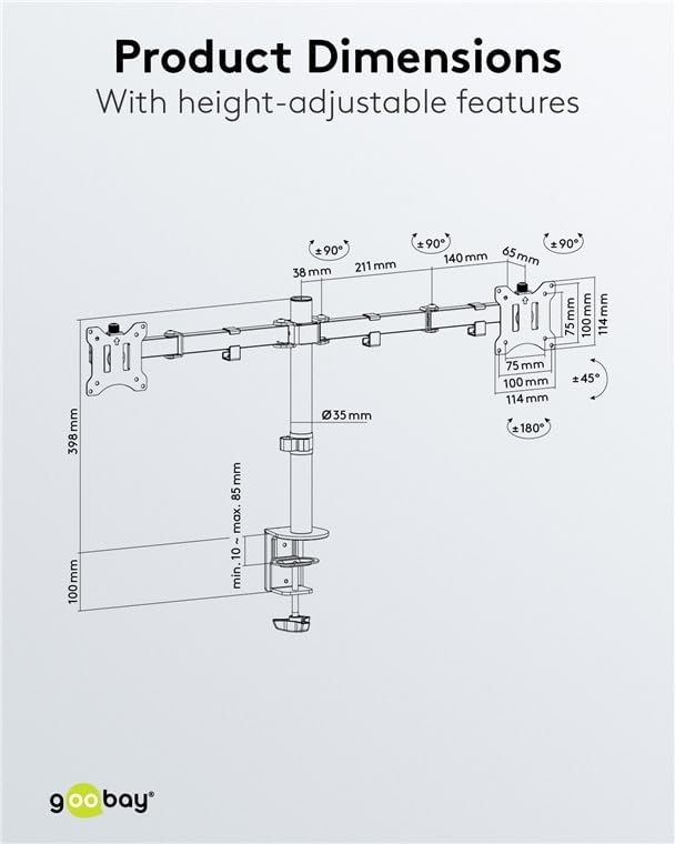 goobay 58529 32 Inch Monitor Mount Dual Flex 17-32 Inches (43-81 cm) / Screen Mount 2 Monitors/Gaming Monitor Arm Swivel & Tilt/Table Mount VESA 75 & 100 mm/Load Capacity 8 kg double