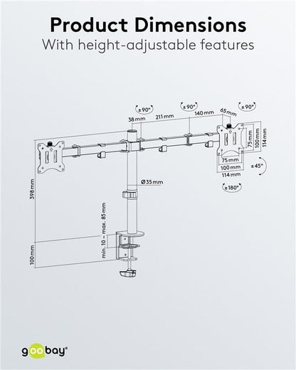 goobay 58529 32 Inch Monitor Mount Dual Flex 17-32 Inches (43-81 cm) / Screen Mount 2 Monitors/Gaming Monitor Arm Swivel & Tilt/Table Mount VESA 75 & 100 mm/Load Capacity 8 kg double