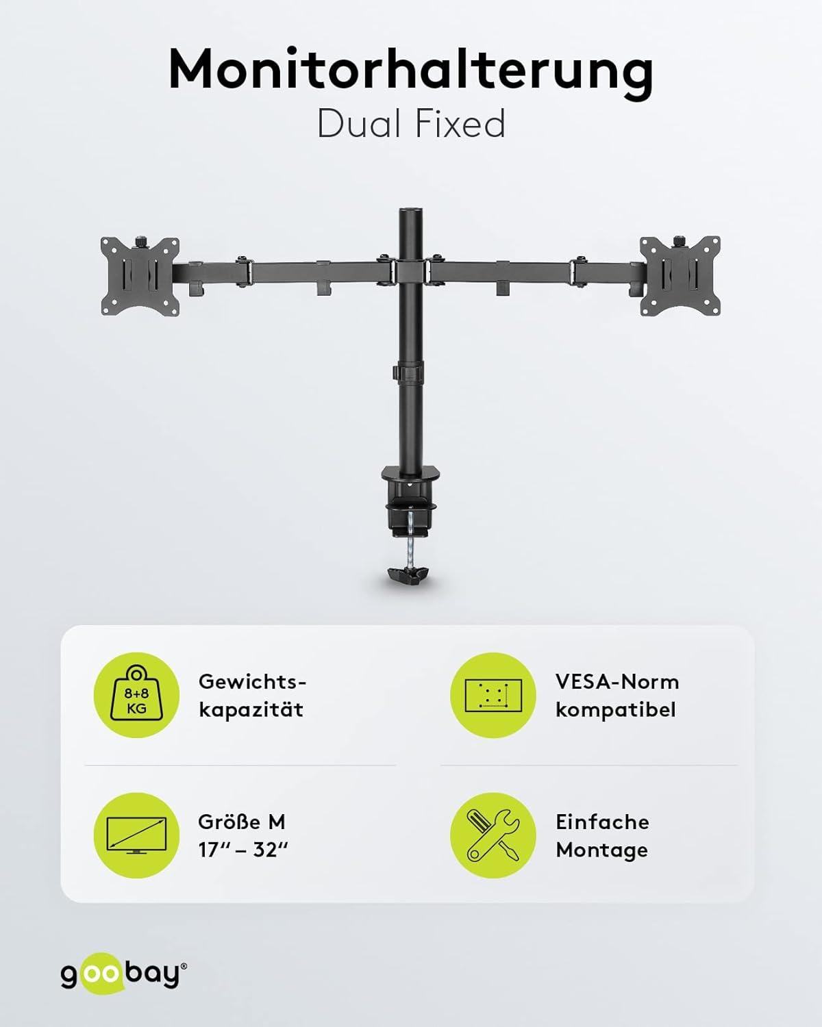 goobay 58529 32 Inch Monitor Mount Dual Flex 17-32 Inches (43-81 cm) / Screen Mount 2 Monitors/Gaming Monitor Arm Swivel & Tilt/Table Mount VESA 75 & 100 mm/Load Capacity 8 kg double