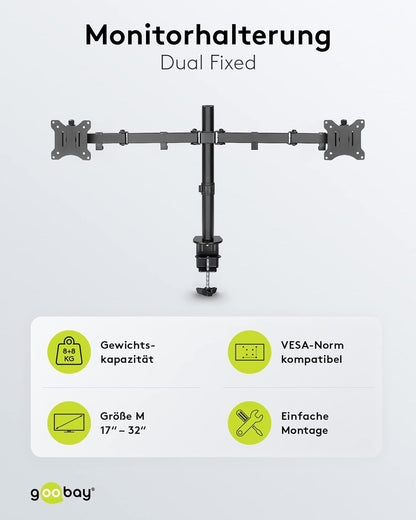 goobay 58529 32 Inch Monitor Mount Dual Flex 17-32 Inches (43-81 cm) / Screen Mount 2 Monitors/Gaming Monitor Arm Swivel & Tilt/Table Mount VESA 75 & 100 mm/Load Capacity 8 kg double