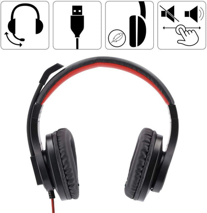 Hama USB Headset, Over Ear Headphones with Microphone (Headset with Volume Control and Adjustable Microphone Boom, for Video Conferences, Home Office, Call Centre, eLearning, USB-A Plug) Black, Red