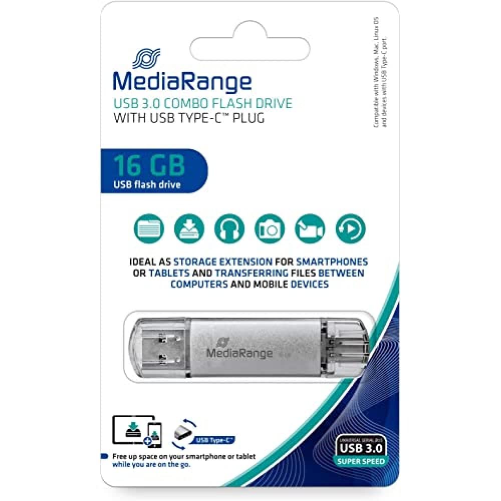 MediaRange MR935 USB Stick 16GB silver Combo Flash Drive USB 3.1 + Type C 16 GB