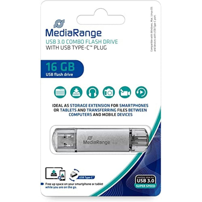 MediaRange MR935 USB Stick 16GB silver Combo Flash Drive USB 3.1 + Type C 16 GB
