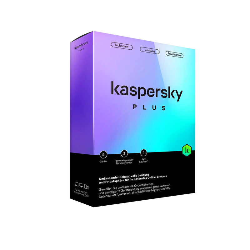 Kaspersky Plus 2023|5 Geräte|1 Jahr|Umfassender Schutz mit Anti-Phishing und Firewall|Unbegrenzter VPN|Passwort-Manager|Online-Banking Schutz|PC/Mac/Mobile|Aktivierungscode Kaspersky Plus Internet Security 5 Geräte