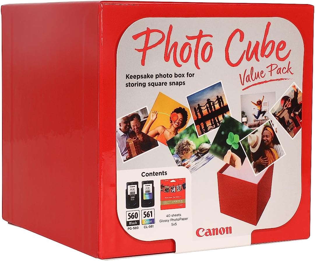 Canon Photo Cube Value Pack, Incluye Cartucho de Tinta PG-560 y CL-561 + 40 Hojas de Papel Fotográfico Brillo, Compatible con Impresoras de Inyección de Tinta PIXMA