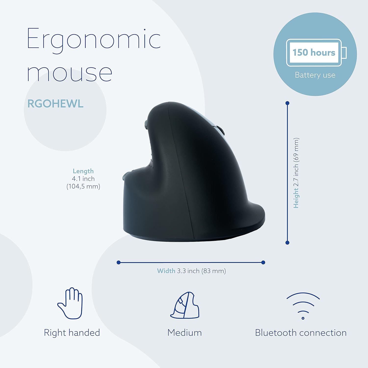 R-Go HE Ergonomic Mouse Wireless, Bluetooth 5.0, Silent Click, Compatible with Anti-RSI software, Prevention Mouse Arm, Rechargeable, Vertical Mouse for Windows/Mac/Linux, 5 Buttons