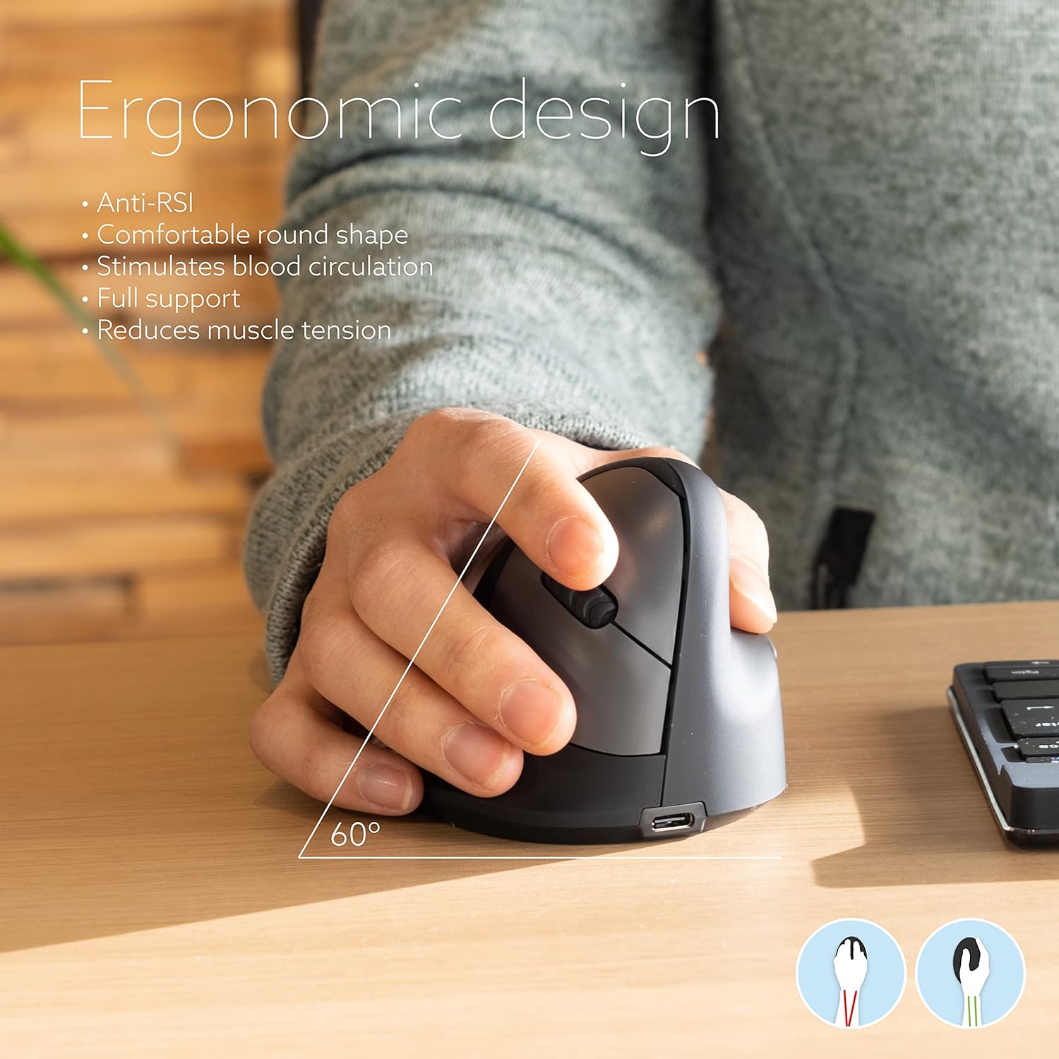 R-Go HE Ergonomic Mouse Wireless, Bluetooth 5.0, Silent Click, Compatible with Anti-RSI software, Prevention Mouse Arm, Rechargeable, Vertical Mouse for Windows/Mac/Linux, 5 Buttons