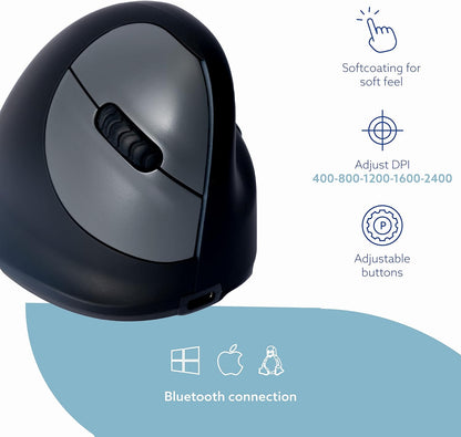 R-Go HE Ergonomic Mouse Wireless, Bluetooth 5.0, Silent Click, Compatible with Anti-RSI software, Prevention Mouse Arm, Rechargeable, Vertical Mouse for Windows/Mac/Linux, 5 Buttons