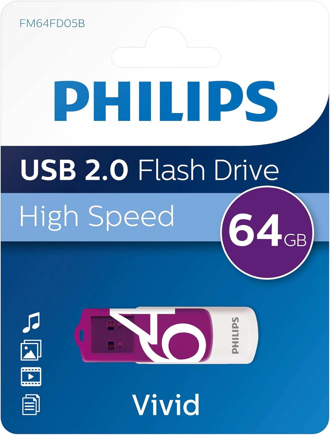 Philips Vivid USB Flash Drive 64 GB, USB 2.0 - Assorted Color