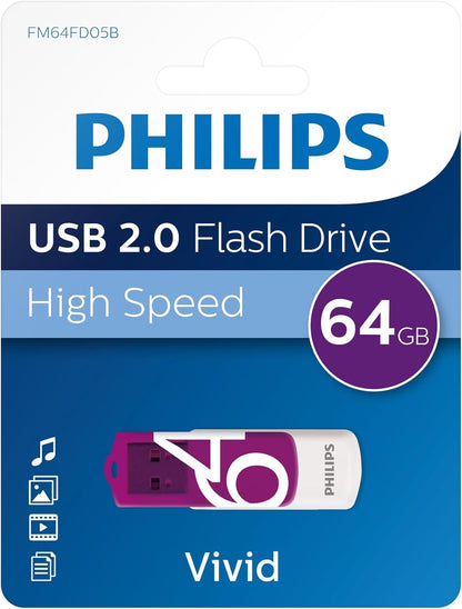 Philips Vivid USB Flash Drive 64 GB, USB 2.0 - Assorted Color