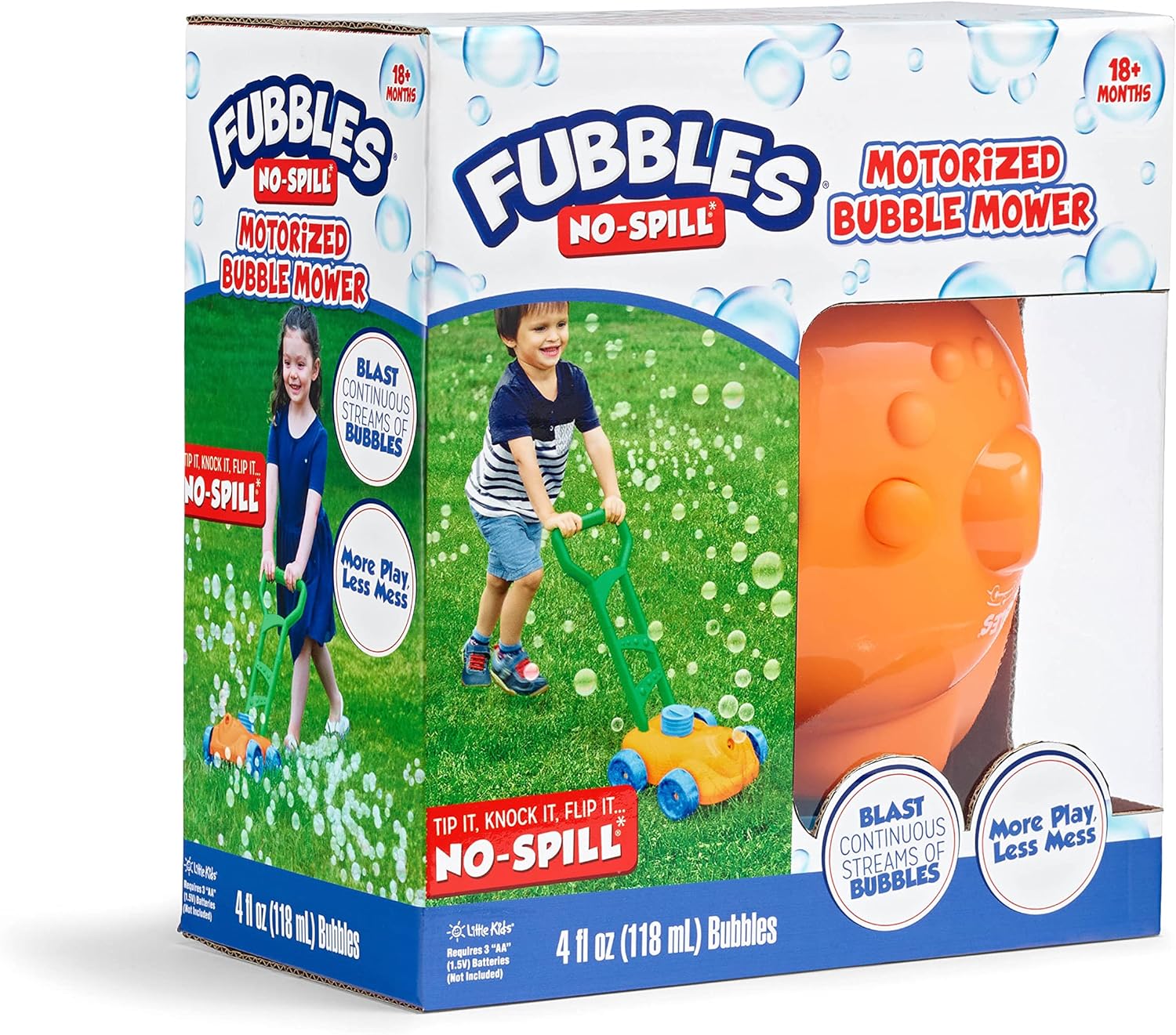 Little Kids FUBBLES NO Spill Bubble Lawn Mower | Includes 4oz Non Tox Refill Solution | Automatic Bubble Blower Machine | Toddler Outdoor Bubble Toy, Orange