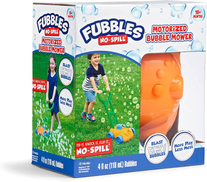 Little Kids FUBBLES NO Spill Bubble Lawn Mower | Includes 4oz Non Tox Refill Solution | Automatic Bubble Blower Machine | Toddler Outdoor Bubble Toy, Orange