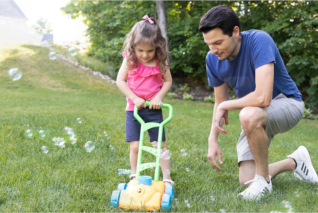 Little Kids FUBBLES NO Spill Bubble Lawn Mower | Includes 4oz Non Tox Refill Solution | Automatic Bubble Blower Machine | Toddler Outdoor Bubble Toy, Orange