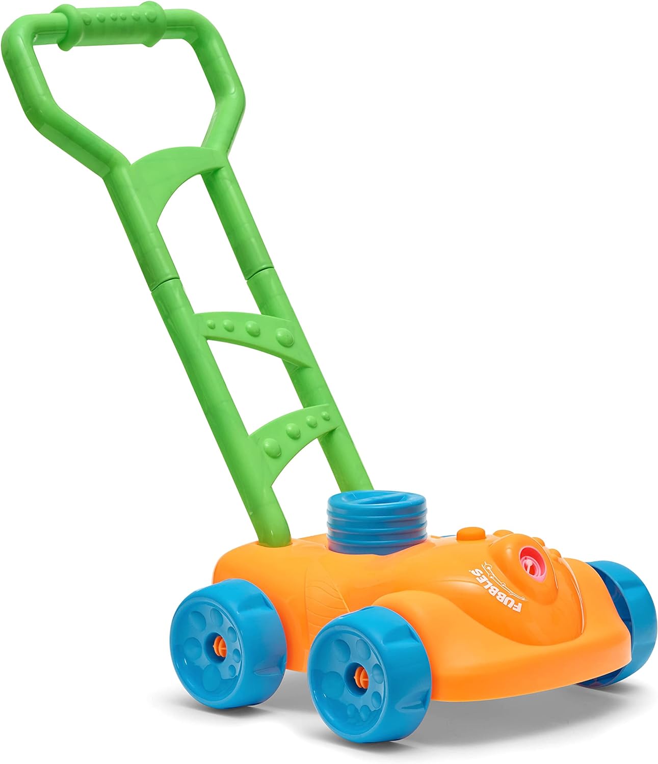 Little Kids FUBBLES NO Spill Bubble Lawn Mower | Includes 4oz Non Tox Refill Solution | Automatic Bubble Blower Machine | Toddler Outdoor Bubble Toy, Orange
