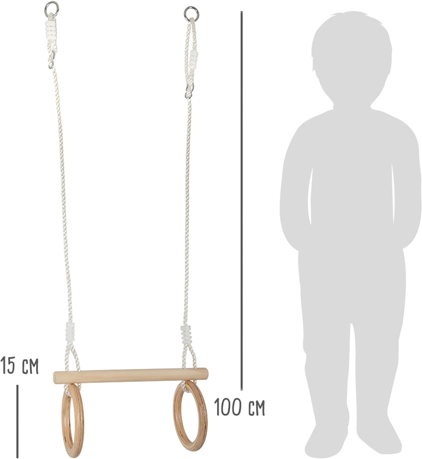 small foot 11909 Trapeze w/Wooden Gymnastic Rings, for mounting on Swing or Climbing Gear, for Children Aged 3+ Years Toys, Brown, Normal Trapezoid gymnastics rings wood