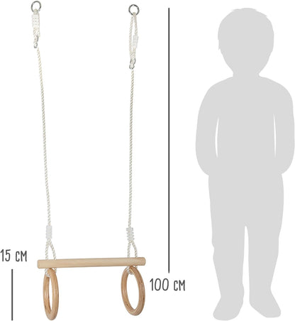 small foot 11909 Trapeze w/Wooden Gymnastic Rings, for mounting on Swing or Climbing Gear, for Children Aged 3+ Years Toys, Brown, Normal Trapezoid gymnastics rings wood