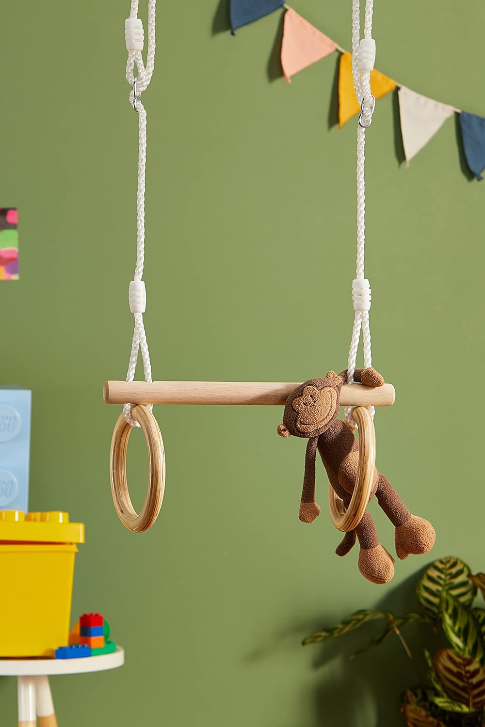 small foot 11909 Trapeze w/Wooden Gymnastic Rings, for mounting on Swing or Climbing Gear, for Children Aged 3+ Years Toys, Brown, Normal Trapezoid gymnastics rings wood