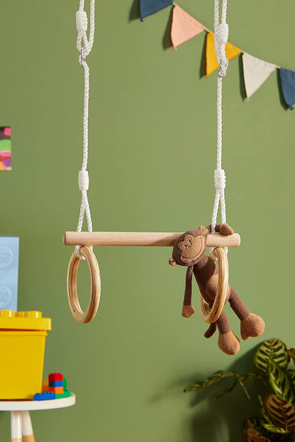 small foot 11909 Trapeze w/Wooden Gymnastic Rings, for mounting on Swing or Climbing Gear, for Children Aged 3+ Years Toys, Brown, Normal Trapezoid gymnastics rings wood