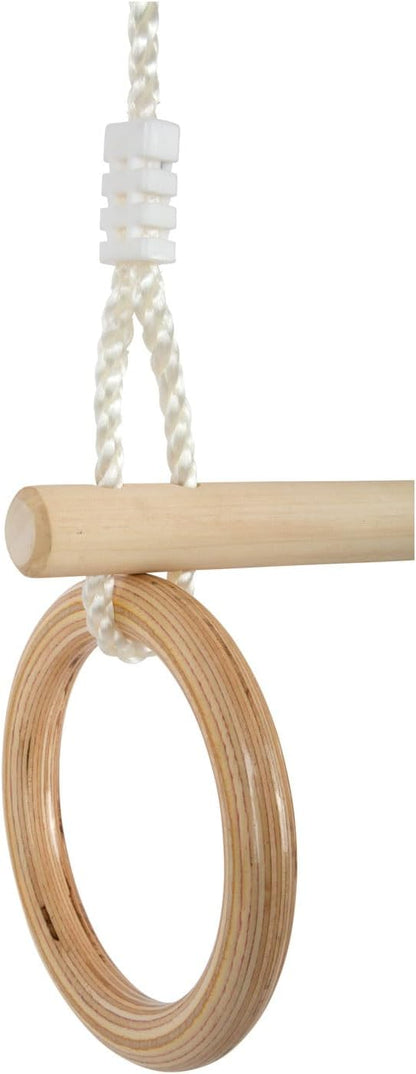 small foot 11909 Trapeze w/Wooden Gymnastic Rings, for mounting on Swing or Climbing Gear, for Children Aged 3+ Years Toys, Brown, Normal Trapezoid gymnastics rings wood