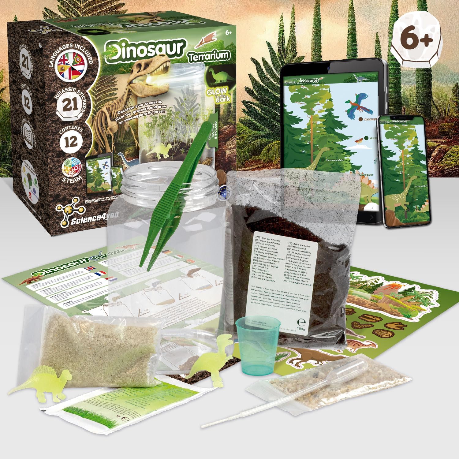 Science4you Dinosaur Terrarium Kit - Make Your Own Terrarium, Glow in the Dark Dinosaurs for Kids, 21 Jurassic Stickers, Toys and Games for Kids 6+ year olds, Gifts for Boys and Girls 6+ year olds