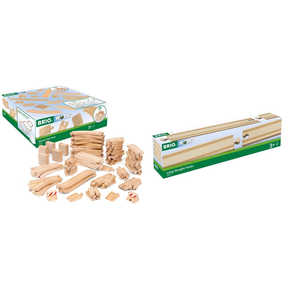 BRIO World Deluxe Train Track Pack Kids Age 3 Years Up & Accessories & Long Straights Wooden Train Track for Kids Age 3 Years Up - Compatible with all Railway Sets & Accessories + Train Track