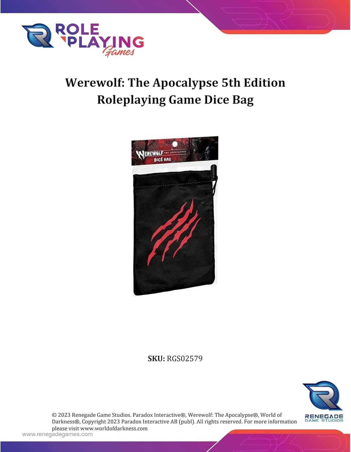 Werewolf: The Apocalypse 5th Edition Roleplaying Game Dice Bag - RPG Accessory, Protect, Hold & Transport Your Dice