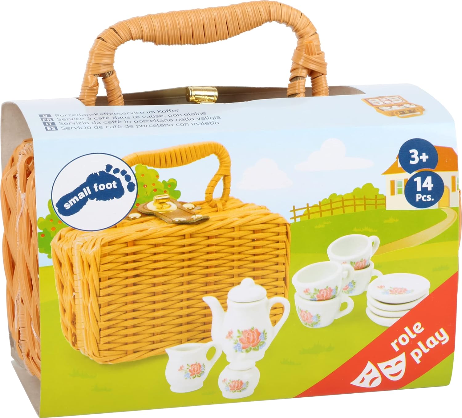 Small Foot 11274 14-piece porcelain coffee set in case with cups, plates, teapot, lids, milk jug and sugar pot, perfect for little doll mums and three of their friends Toys, Multicolour