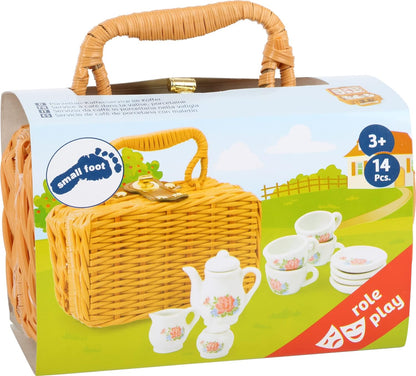 Small Foot 11274 14-piece porcelain coffee set in case with cups, plates, teapot, lids, milk jug and sugar pot, perfect for little doll mums and three of their friends Toys, Multicolour