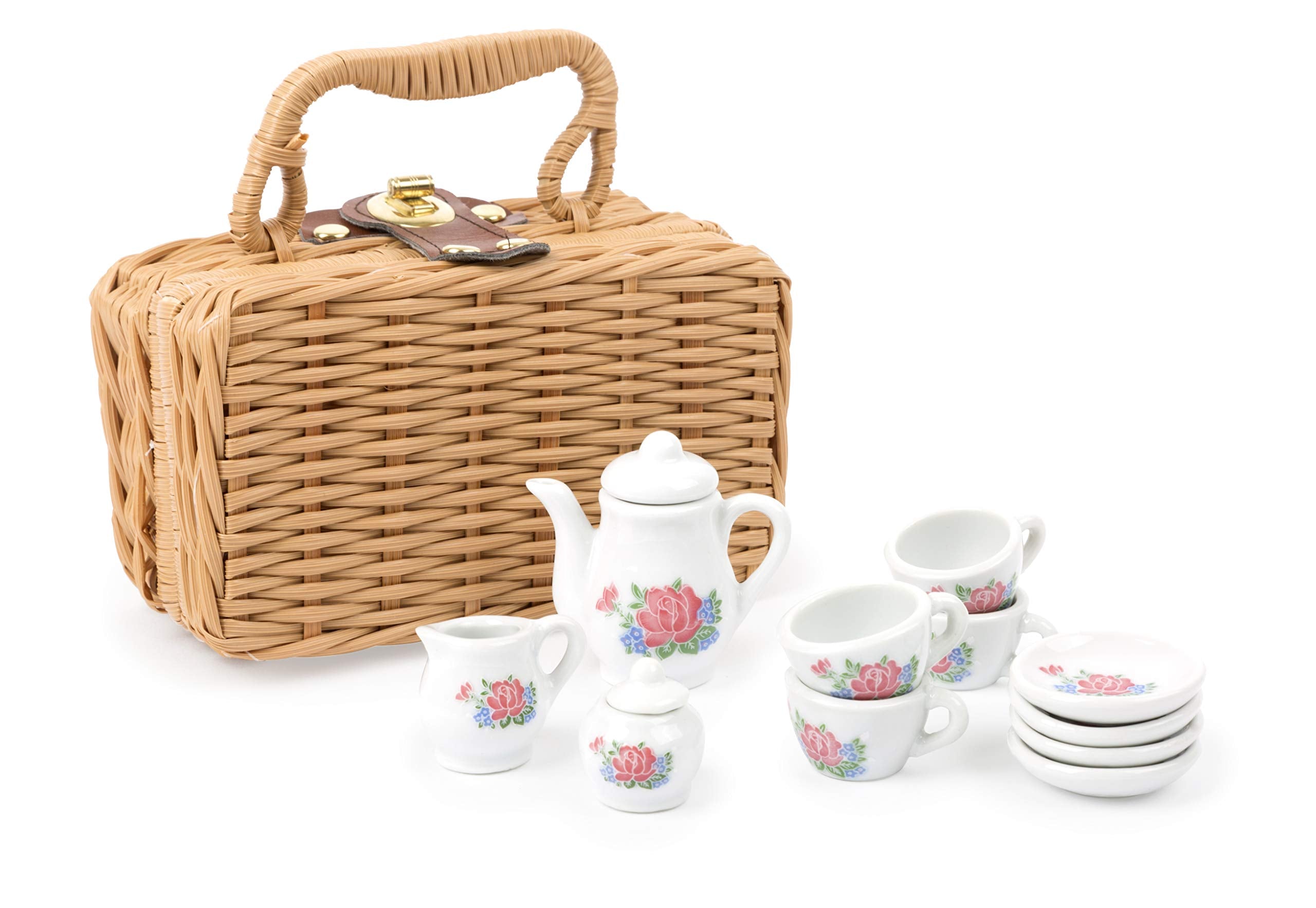 Small Foot 11274 14-piece porcelain coffee set in case with cups, plates, teapot, lids, milk jug and sugar pot, perfect for little doll mums and three of their friends Toys, Multicolour