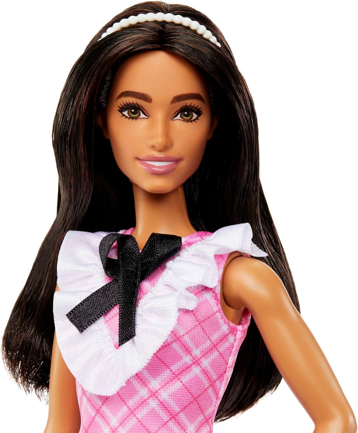 Barbie Fashionistas Doll #209 with Black Hair Wearing a Pink Plaid Dress, Pearlescent Headband and Strappy Heels, HJT06 (Pack of 2