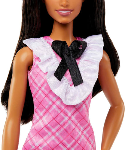 Barbie Fashionistas Doll #209 with Black Hair Wearing a Pink Plaid Dress, Pearlescent Headband and Strappy Heels, HJT06 (Pack of 2
