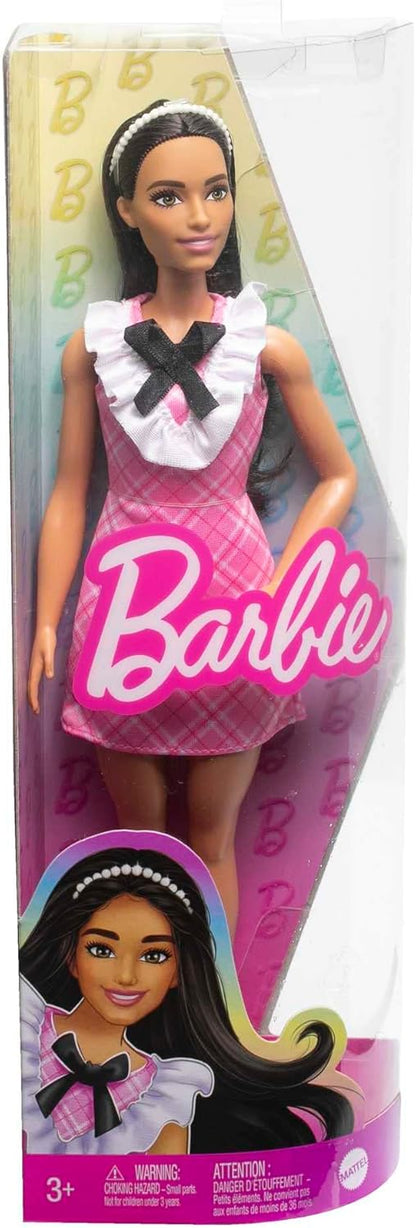 Barbie Fashionistas Doll #209 with Black Hair Wearing a Pink Plaid Dress, Pearlescent Headband and Strappy Heels, HJT06 (Pack of 2