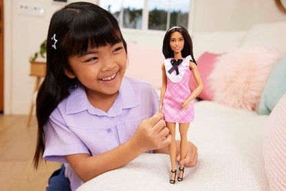 Barbie Fashionistas Doll #209 with Black Hair Wearing a Pink Plaid Dress, Pearlescent Headband and Strappy Heels, HJT06 (Pack of 2