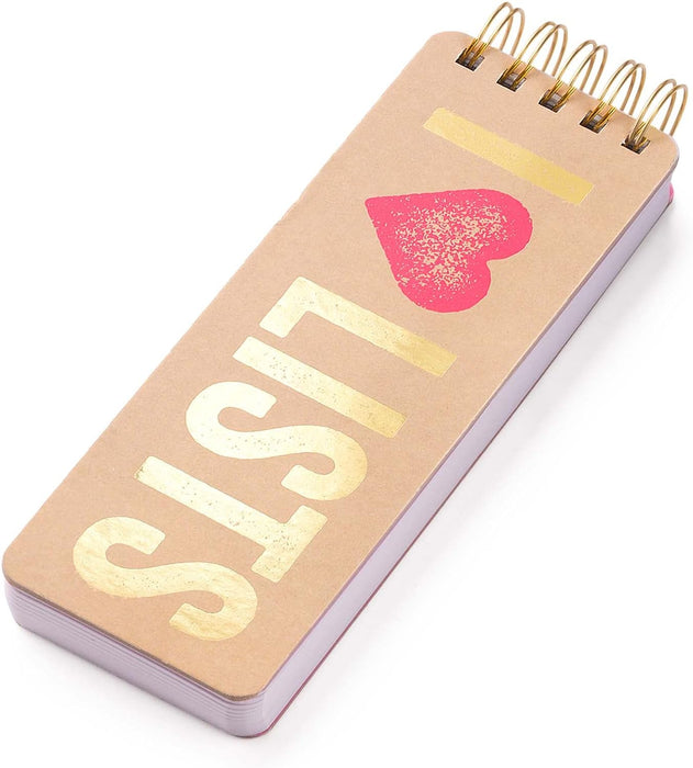 Eccolo Tall Spiral Memo Pad, 300 Pages, 150 Sheets, Double Spiral Binding, Office Essentials for Work, List Notepad for Students, Class, and Shopping, I Heart Lists (Gold, 3x8.5 inches
