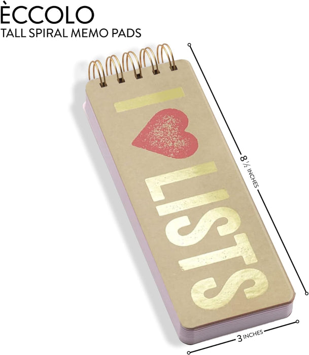 Eccolo Tall Spiral Memo Pad, 300 Pages, 150 Sheets, Double Spiral Binding, Office Essentials for Work, List Notepad for Students, Class, and Shopping, I Heart Lists (Gold, 3x8.5 inches
