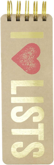 Eccolo Tall Spiral Memo Pad, 300 Pages, 150 Sheets, Double Spiral Binding, Office Essentials for Work, List Notepad for Students, Class, and Shopping, I Heart Lists (Gold, 3x8.5 inches