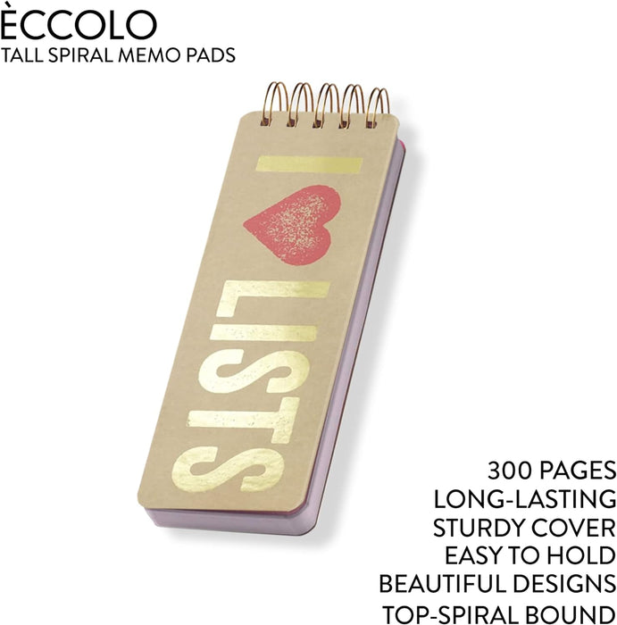 Eccolo Tall Spiral Memo Pad, 300 Pages, 150 Sheets, Double Spiral Binding, Office Essentials for Work, List Notepad for Students, Class, and Shopping, I Heart Lists (Gold, 3x8.5 inches