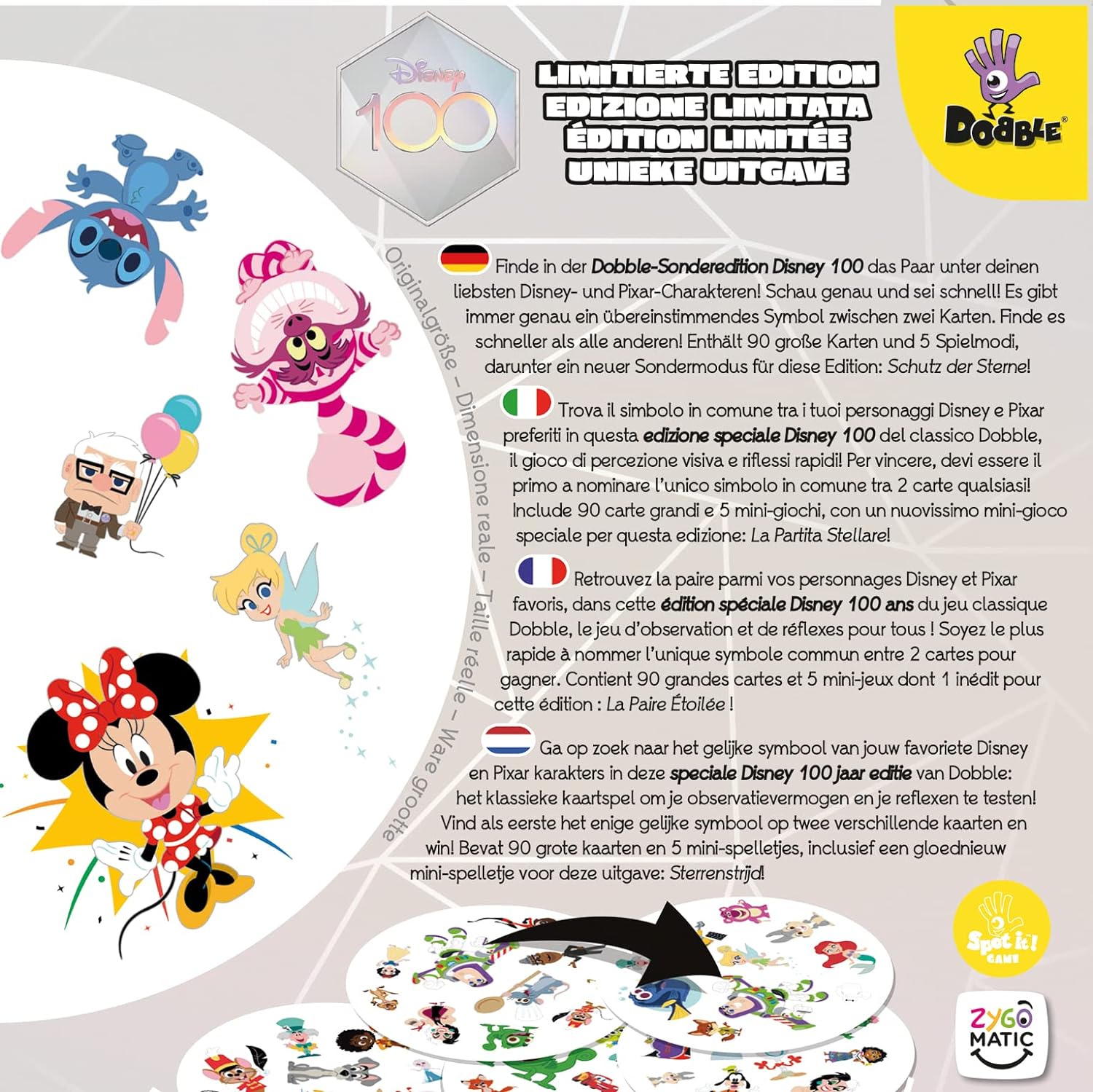 Zygomatic, Dobble Disney, Familienspiel, Kartenspiel, 2-8 Spieler, Ab 6+ Jahren, 15 Minuten, Deutsch, Mehrsprachig, 4. 90 Karten