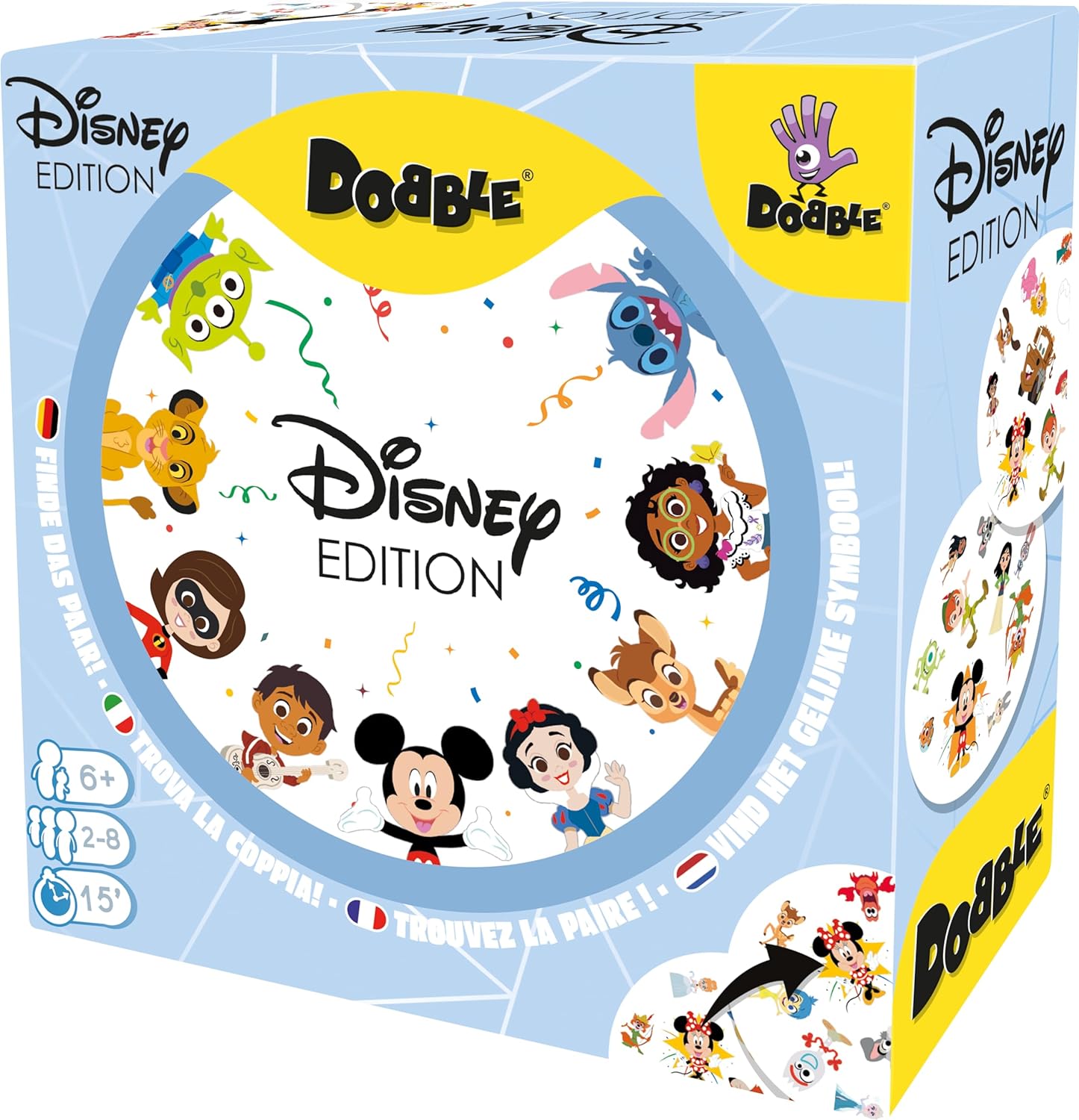 Zygomatic, Dobble Disney, Familienspiel, Kartenspiel, 2-8 Spieler, Ab 6+ Jahren, 15 Minuten, Deutsch, Mehrsprachig, 4. 90 Karten