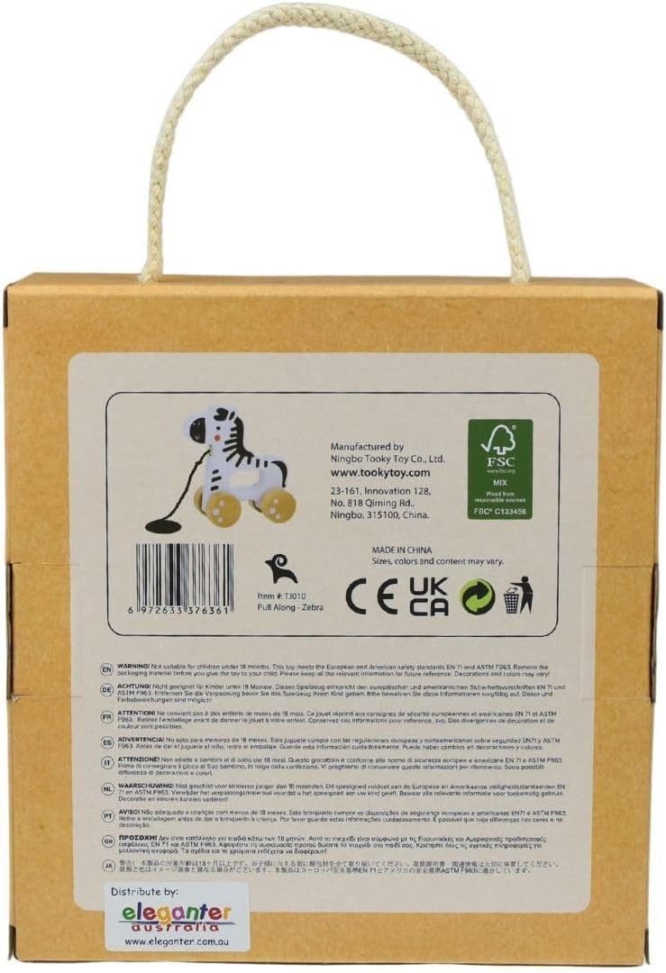 Tooky Toy Jouet à tirer Animal en bois avec 4 roues cordon de tirage dès 18 mois, coloris:blanc