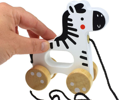 Tooky Toy Jouet à tirer Animal en bois avec 4 roues cordon de tirage dès 18 mois, coloris:blanc