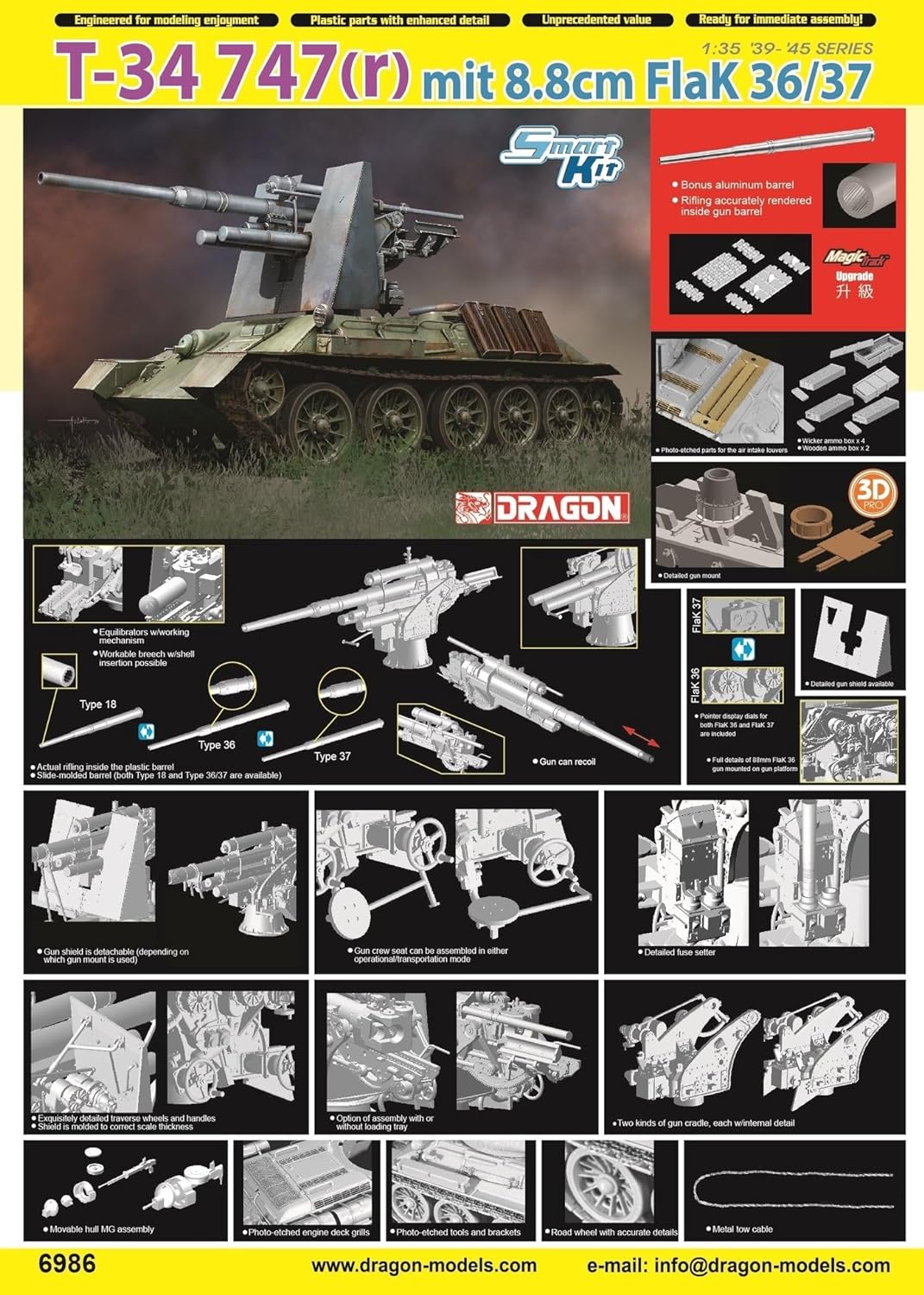 1/35 WW.II German T-34 747(r) 3.5 inches (8.8 cm) Flak 36/37 Mounted Plastic Model