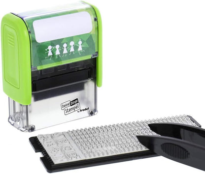 Trodat Stamp Your Things for Children, Stamp Set to Design Yourself - 3 Lines, German, Self-Inking Textile Stamps Machine Washable, 38 x 14 mm, Black Imprint, Includes Accessories