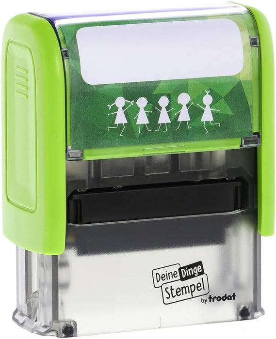 Trodat Stamp Your Things for Children, Stamp Set to Design Yourself - 3 Lines, German, Self-Inking Textile Stamps Machine Washable, 38 x 14 mm, Black Imprint, Includes Accessories