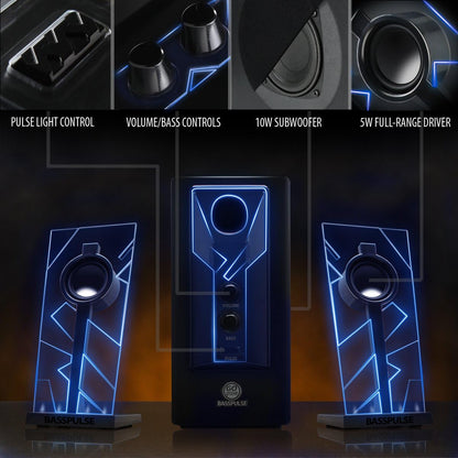 GOgroove BassPULSE 2.1 Computer Speakers with Blue LED Glow Lights and Powered Subwoofer - Gaming Speaker System for Music on Desktop, Laptop, PC with 40 Watts, Heavy Bass Blue and Black