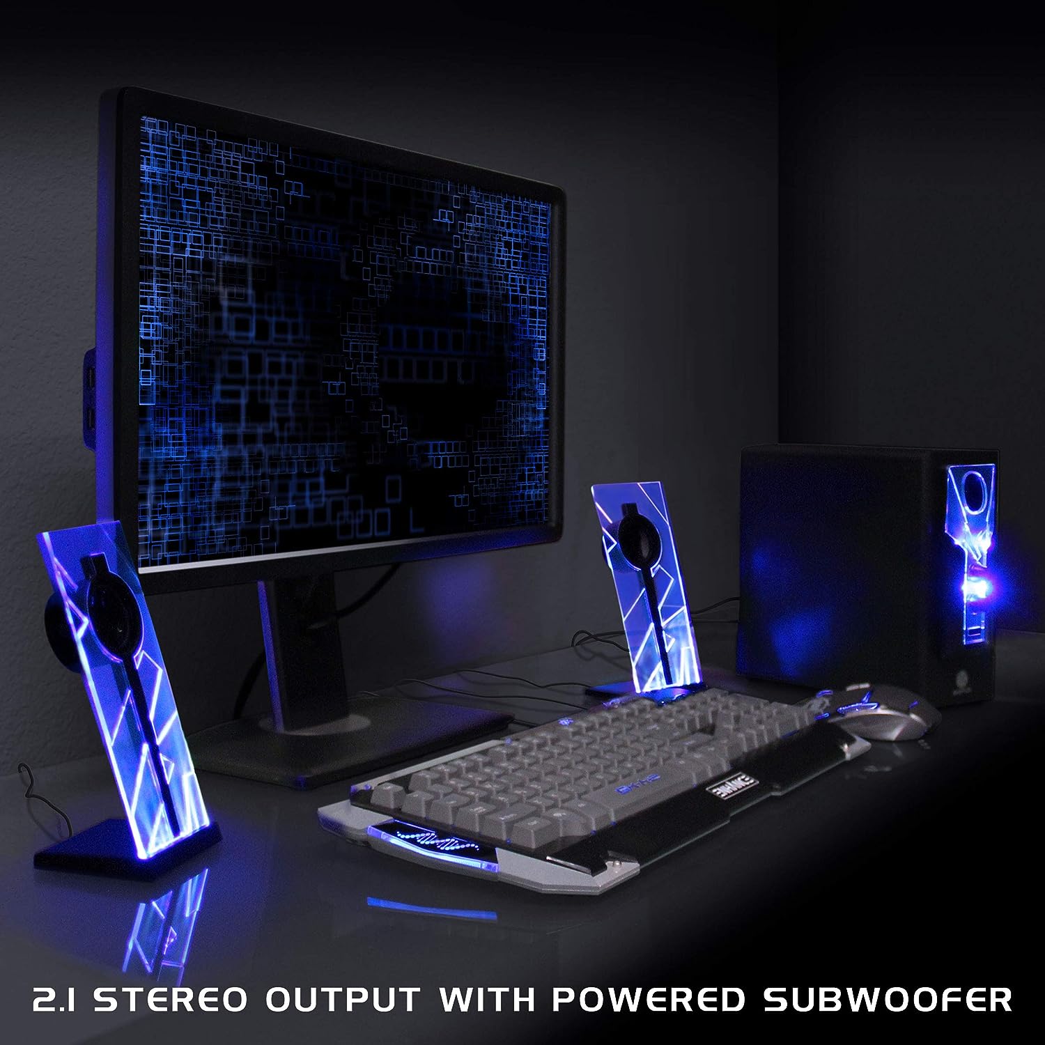 GOgroove BassPULSE 2.1 Computer Speakers with Blue LED Glow Lights and Powered Subwoofer - Gaming Speaker System for Music on Desktop, Laptop, PC with 40 Watts, Heavy Bass Blue and Black