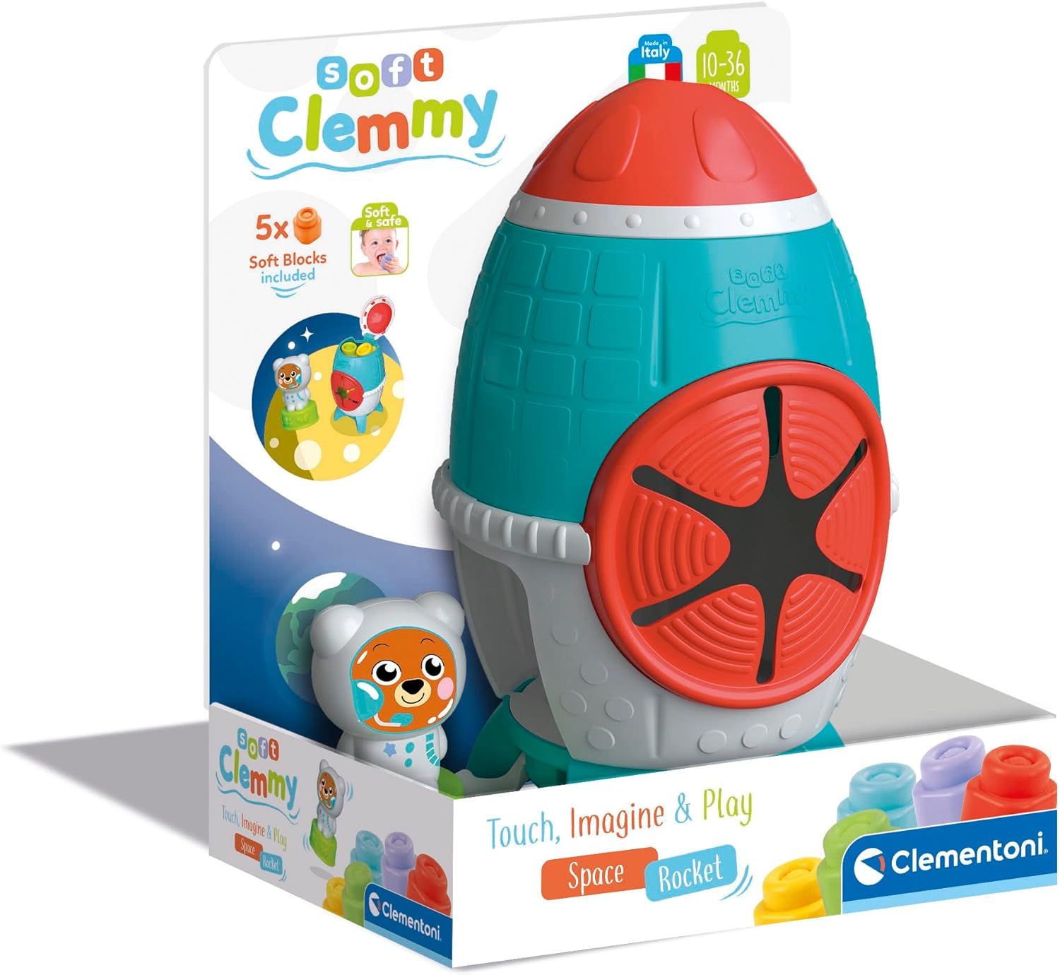 Clementoni 17806 Sensory Rocket, Clemmy Soft Blocks for 6 Months, Building Bricks Washable, Construction Kids, Early Development & Activity Toys, Made in Italy, Multicolor, 15 x 21 x 27,5 Soft Clemmy